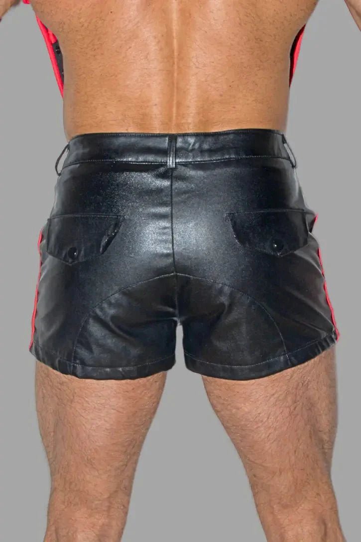 Cruz Gearshift PU Leather Shorts. Black + 2 Red Stripes - MSH263 - Y3 - Maskulo US NY FL