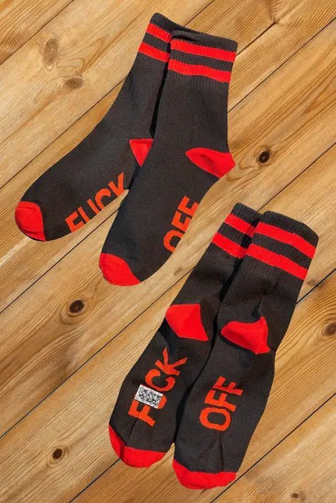 "F*CK OFF" Crew Socks. Black + Red - MSC114 - YX - Maskulo US NY FL