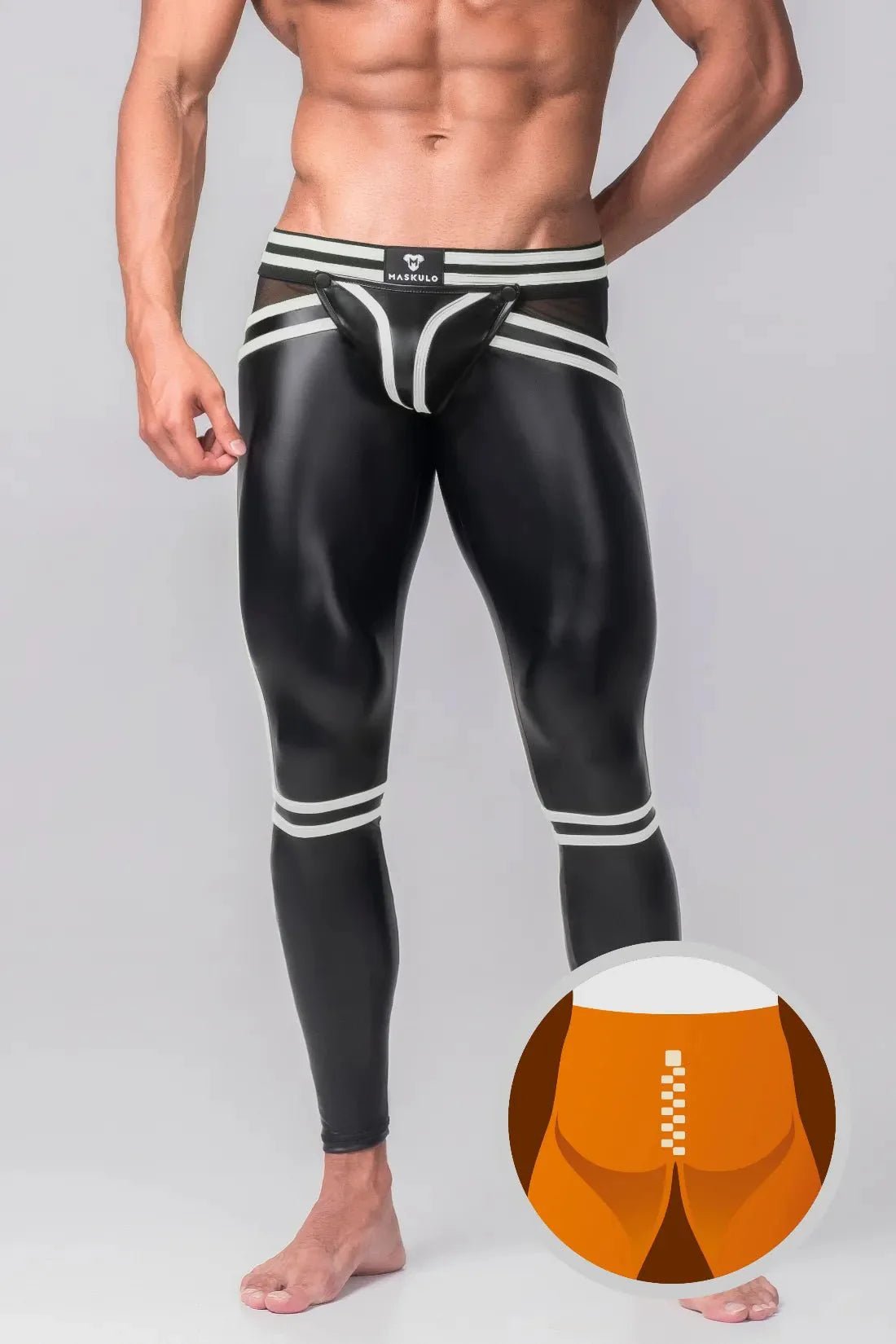 Men's Leggings. Codpiece. Zippered Rear. Black and White Neon - MLG104 - Y1 - Maskulo US NY FL