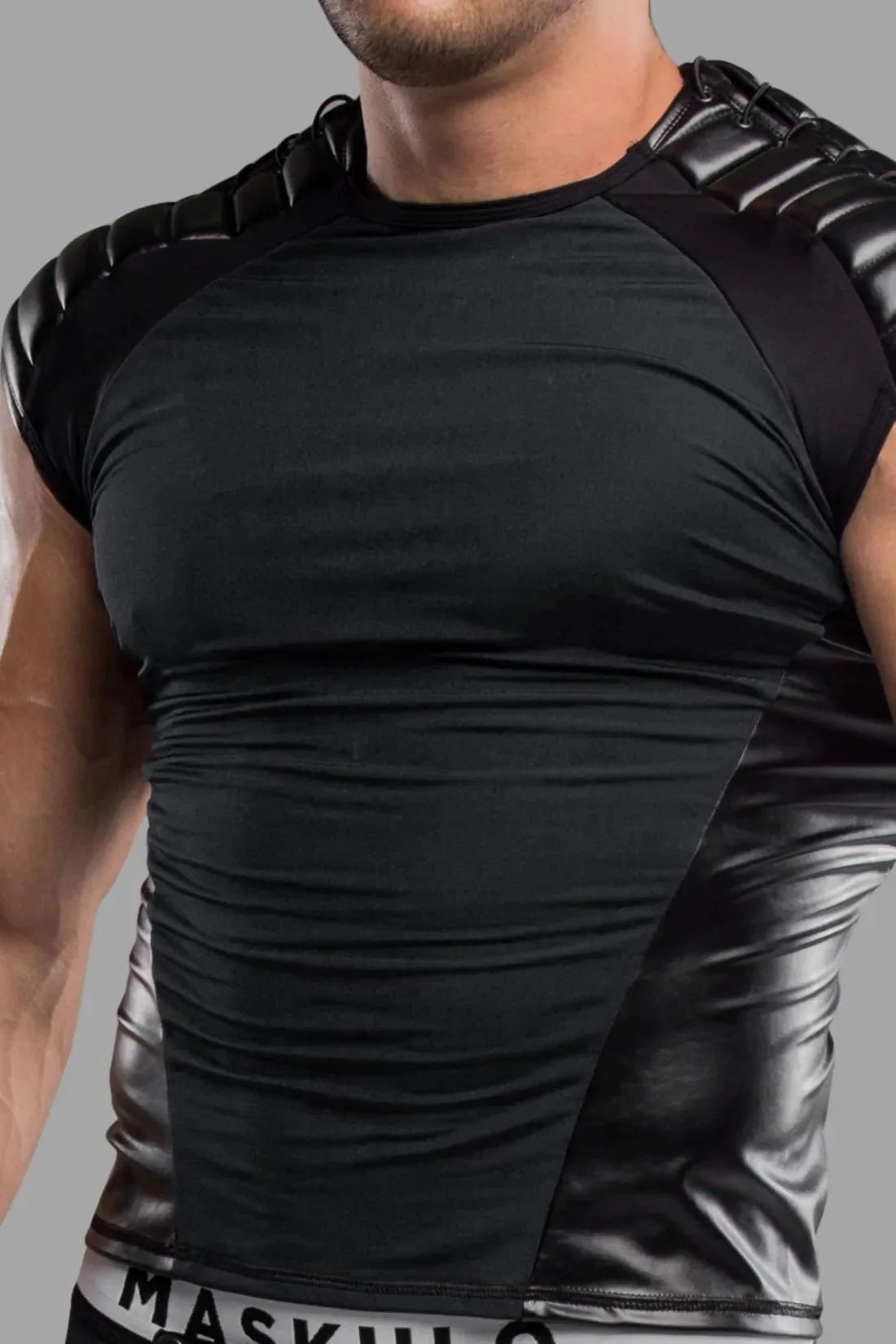 Men's Top. Spandex. Shoulder Lacing. Black - MTP100 - Y1 - Maskulo US NY FL
