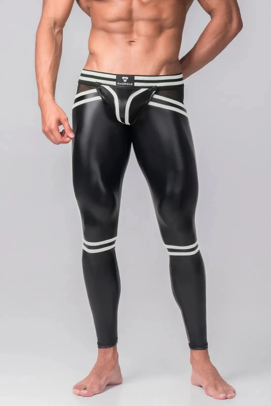 Men's Leggings. Codpiece. Zippered Rear. Black and White Neon - Maskulo - MLG104 - Y1 - Maskulo Global (EU) Store