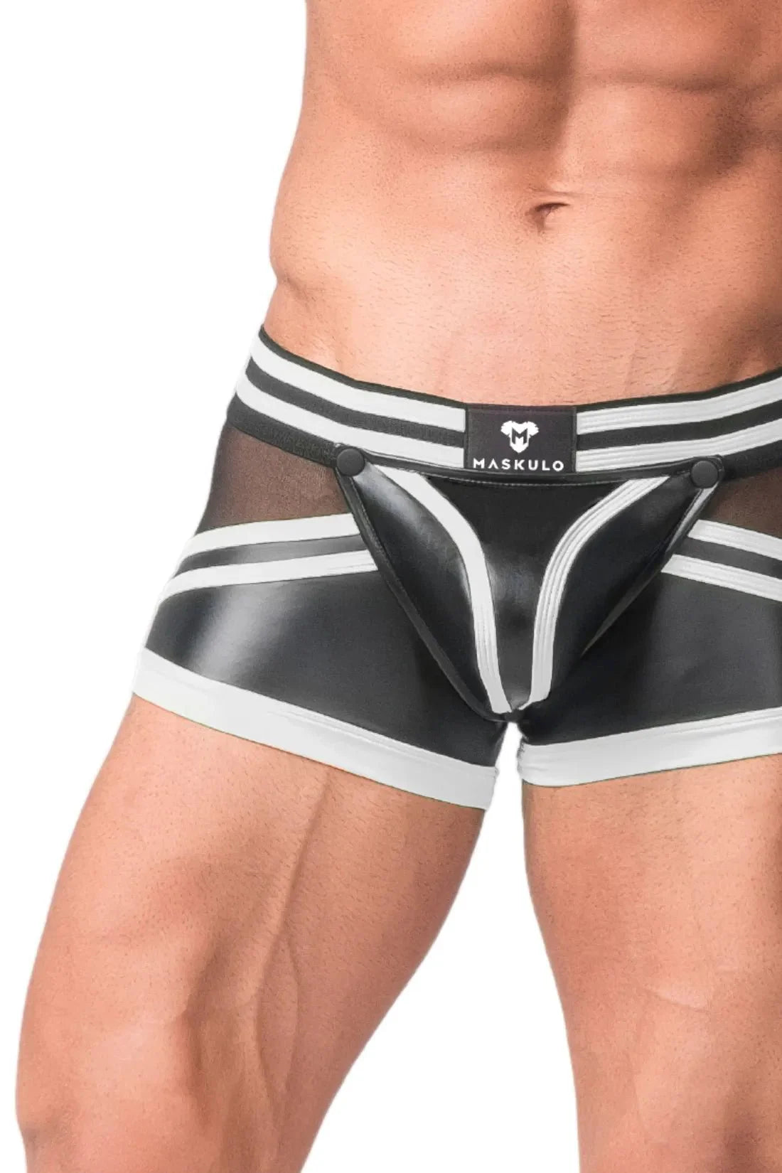 Men's Trunk Shorts. Codpiece. Zippered Rear. Black and White Neon - Maskulo - MTR102 - Y5 - Maskulo Global (EU) Store