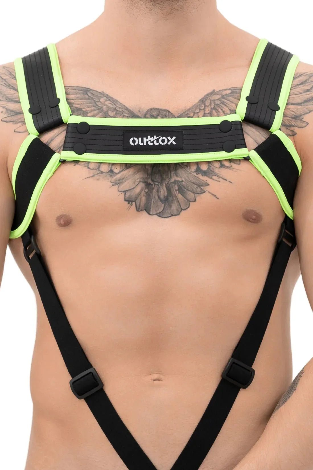 Outtox. Body Harness with Snaps. Black and Green Neon - XHR115 - Y4 - Maskulo US NY FL