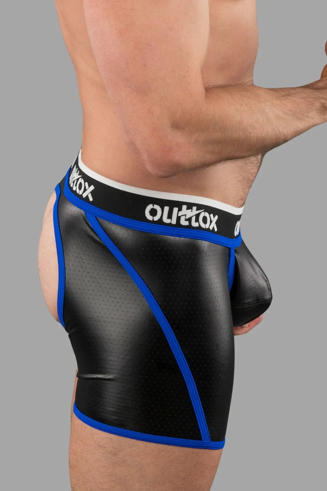 Outtox. Open Rear Shorts with Snap Codpiece. Black and Blue - XSH108 - Y2 - Maskulo US NY FL