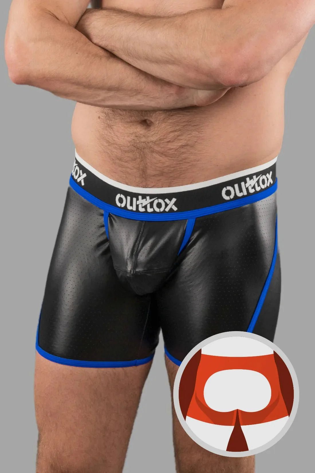Outtox. Open Rear Shorts with Snap Codpiece. Black and Blue - XSH108 - Y2 - Maskulo US NY FL