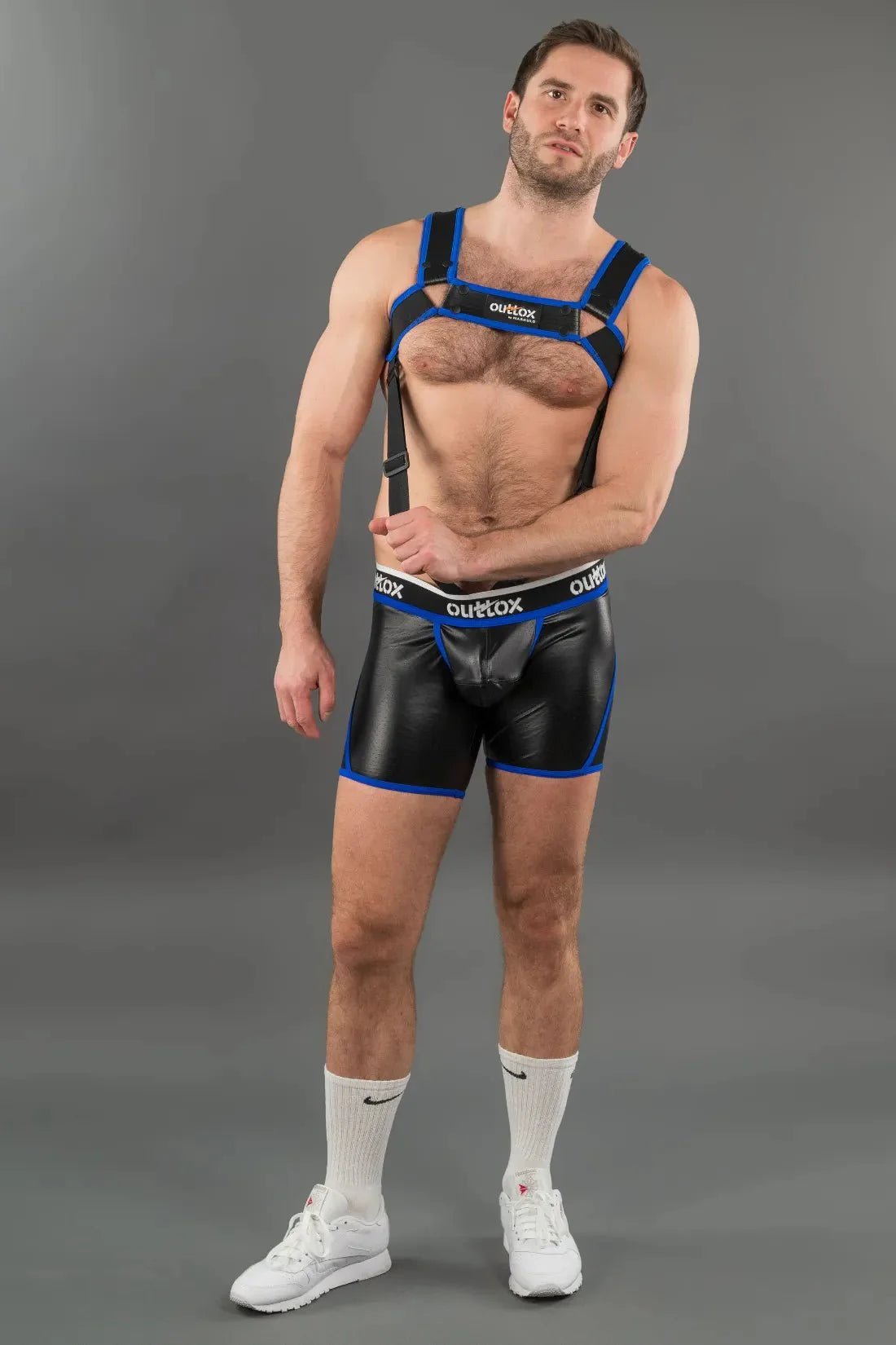 Outtox. Open Rear Shorts with Snap Codpiece. Black and Blue - XSH108 - Y2 - Maskulo US NY FL