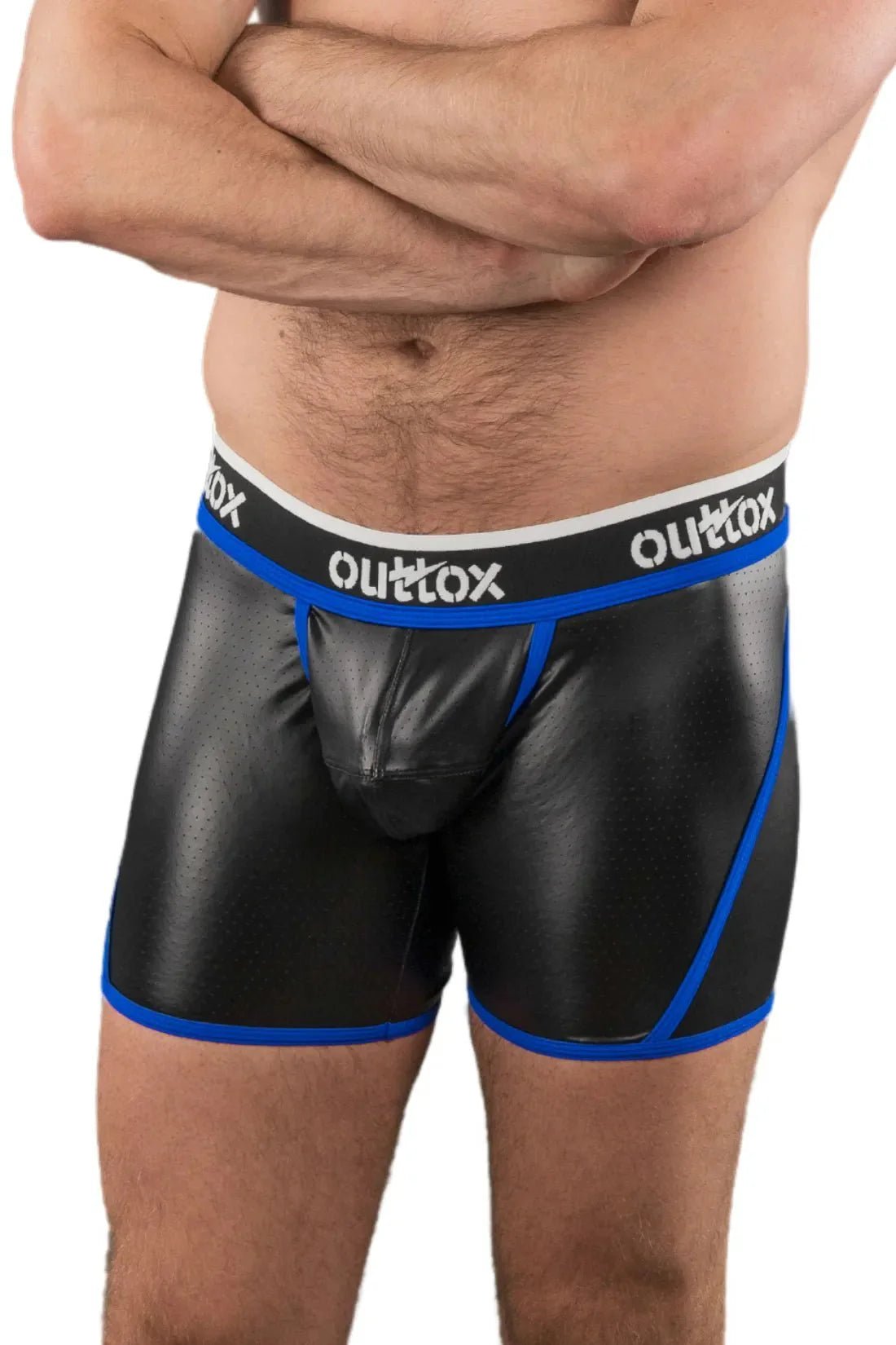 Outtox. Open Rear Shorts with Snap Codpiece. Black and Blue - XSH108 - Y2 - Maskulo US NY FL