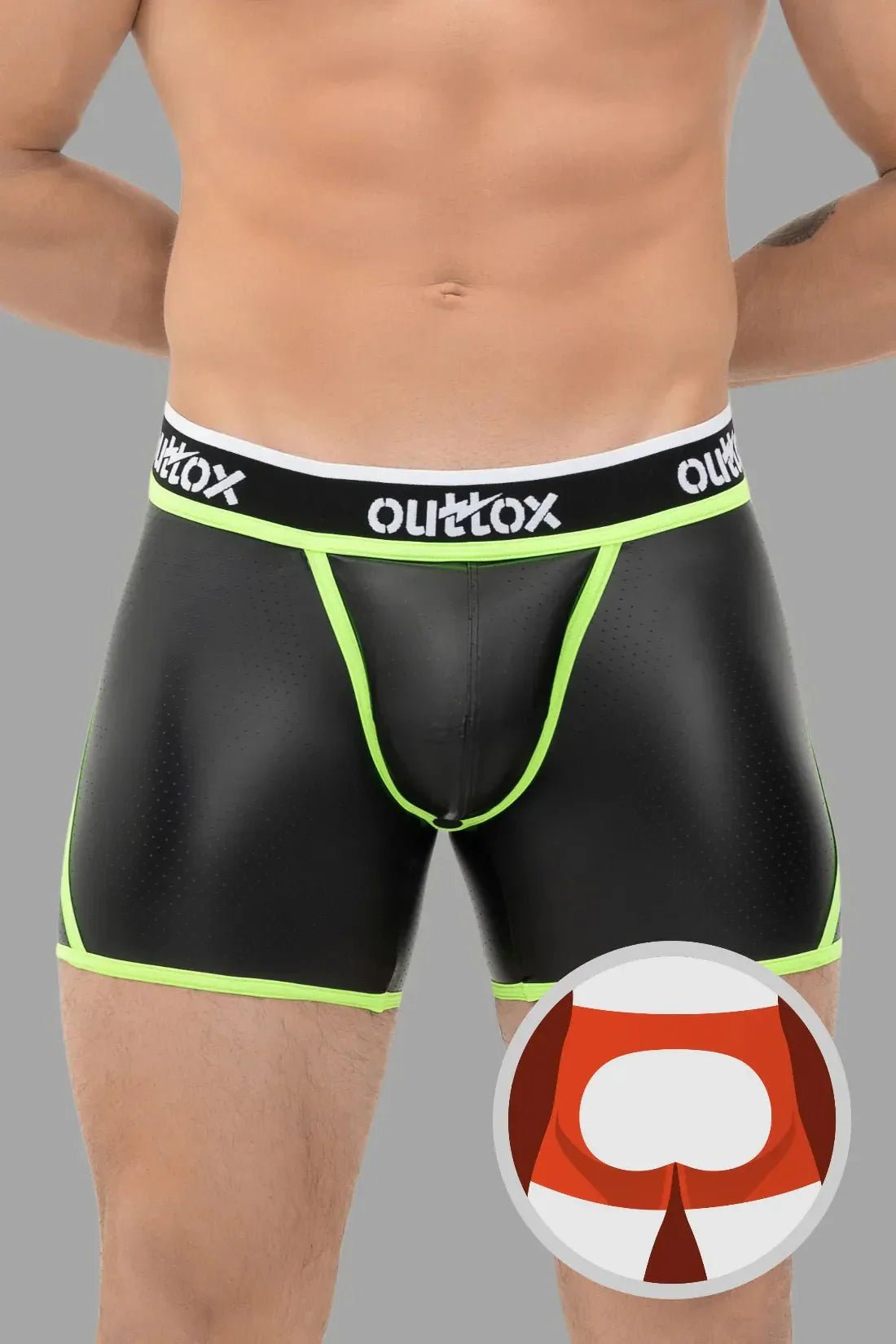 Outtox. Open Rear Shorts with Snap Codpiece. Black and Green - XSH107 - Y2 - Maskulo US NY FL