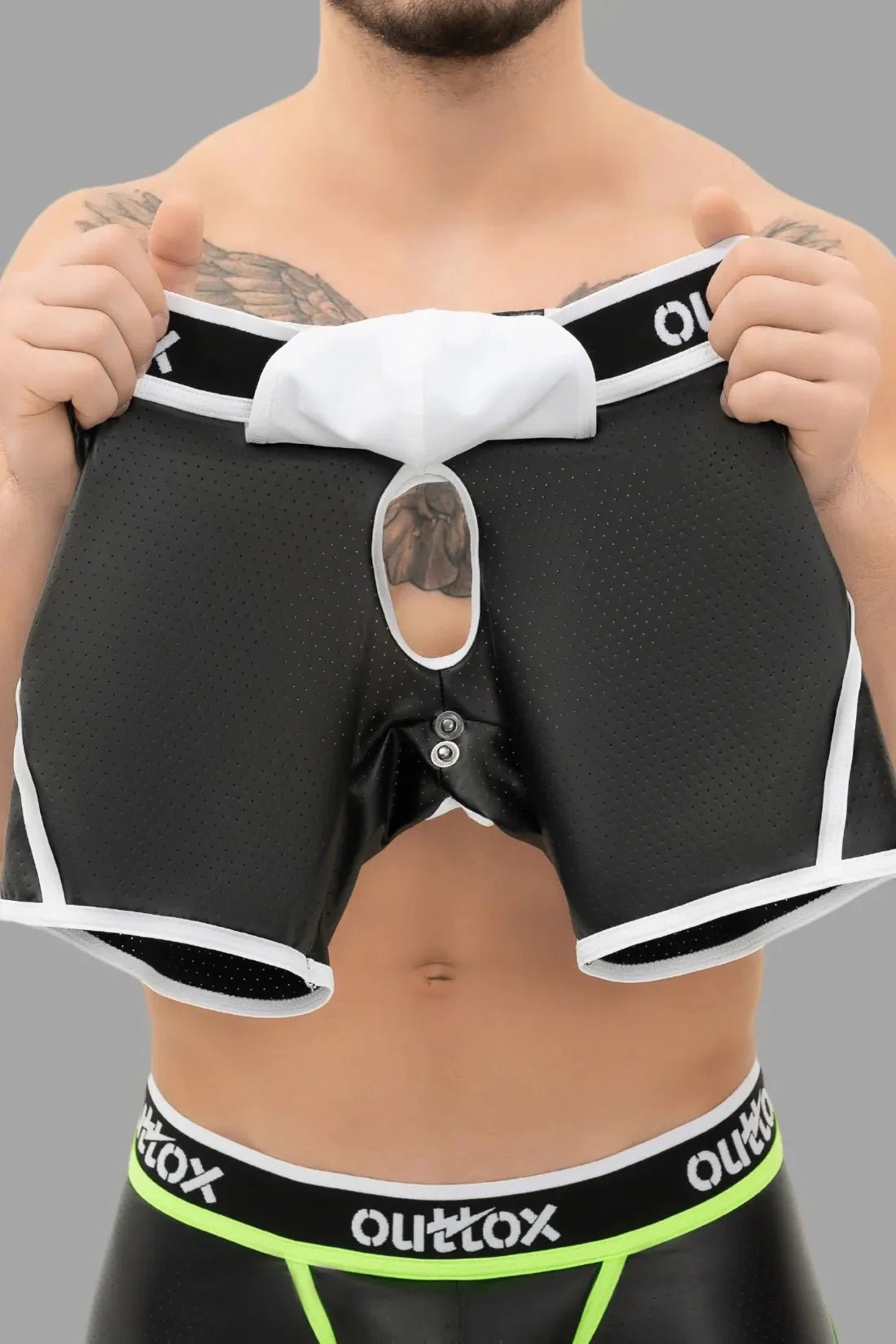 Outtox. Open Rear Shorts with Snap Codpiece. Black and White - XSH109 - Y3 - Maskulo US NY FL