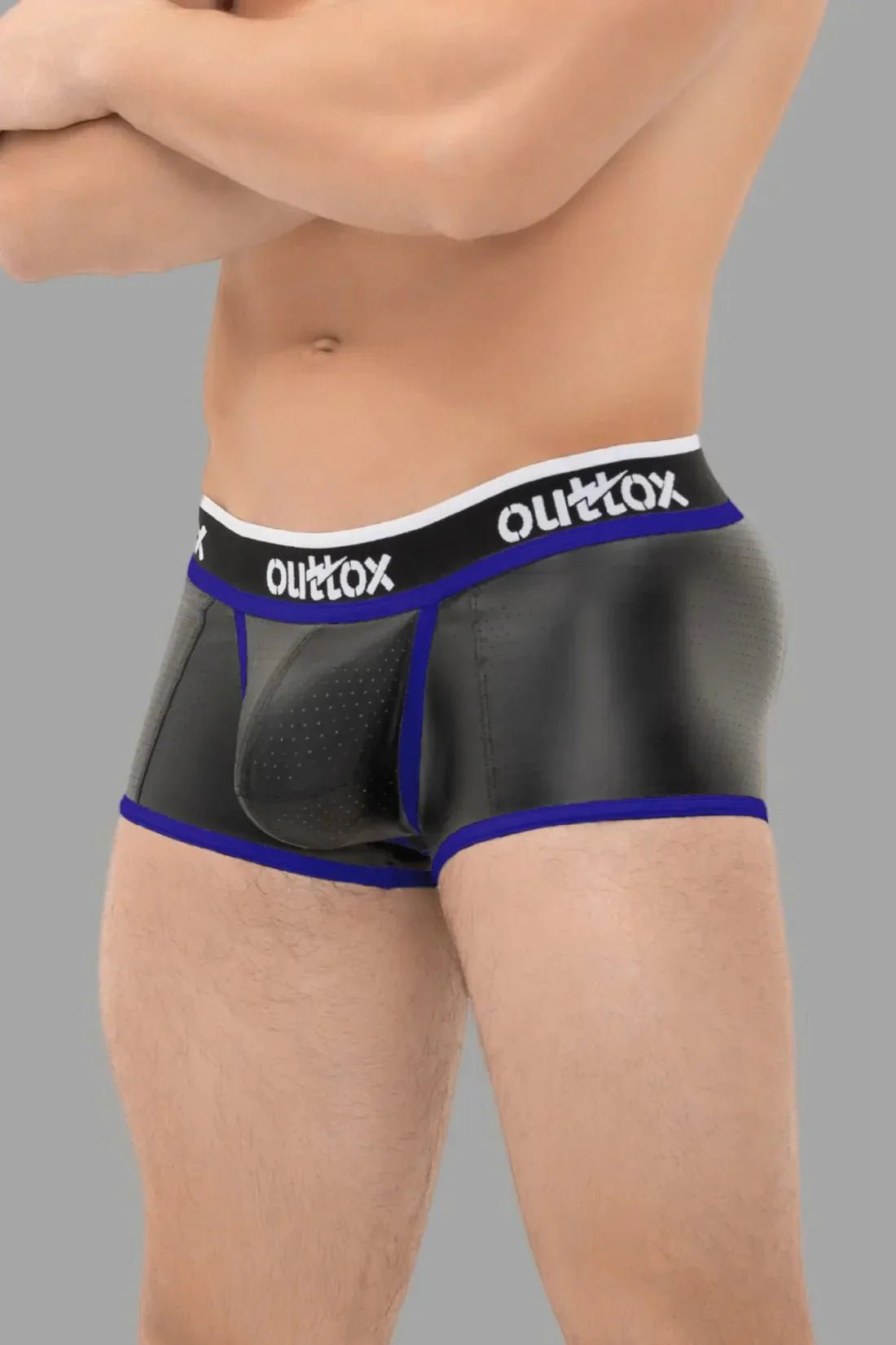 Outtox. Open Rear Trunk Shorts with Snap Codpiece. Black and Blue - XTR105 - Y2 - Maskulo US NY FL