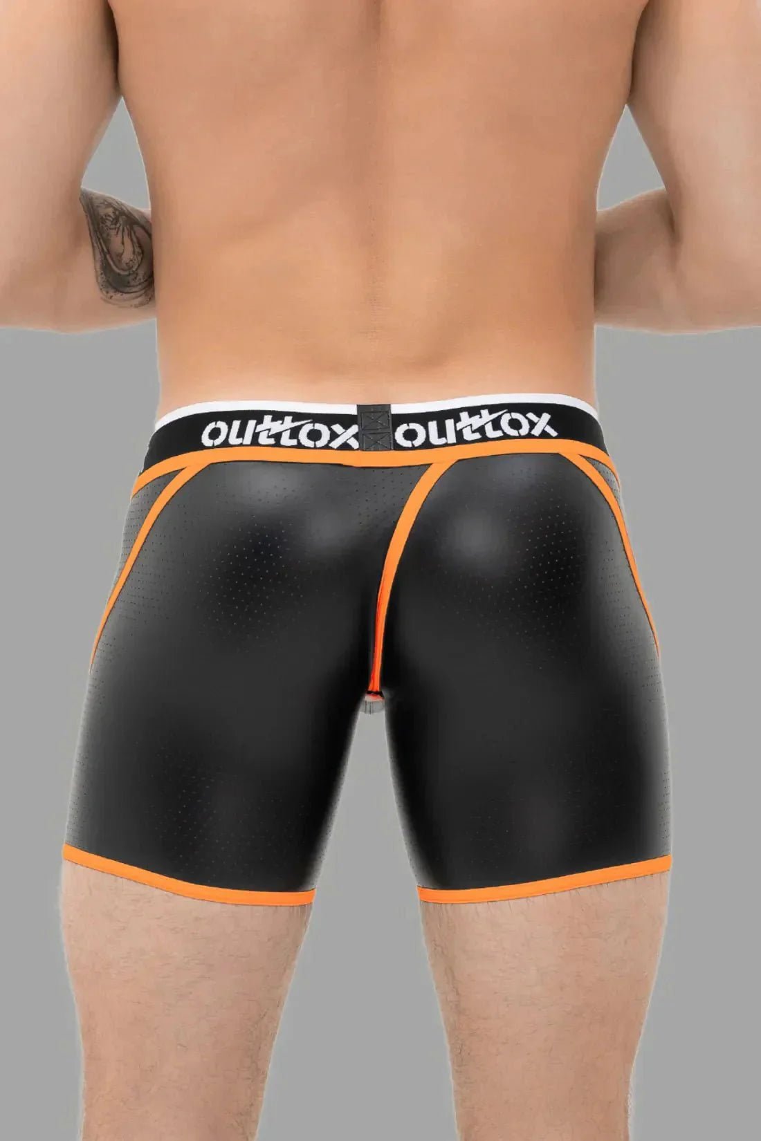 Outtox. Wrap - Rear Short Tights. Snap Codpiece. Black+Orange - XSH112 - Y2 - Maskulo US NY FL