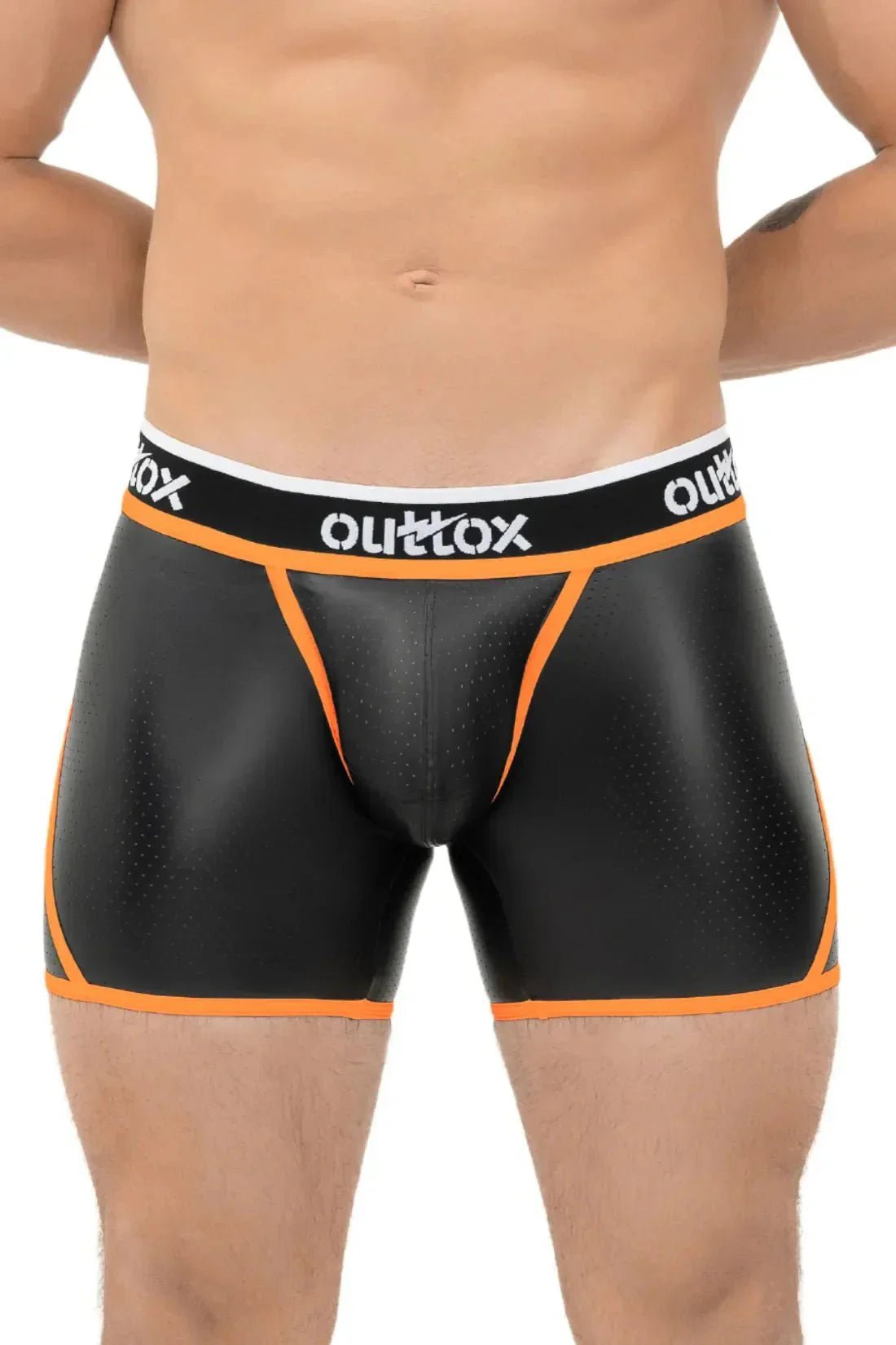 Outtox. Wrap - Rear Short Tights. Snap Codpiece. Black+Orange - XSH112 - Y2 - Maskulo US NY FL