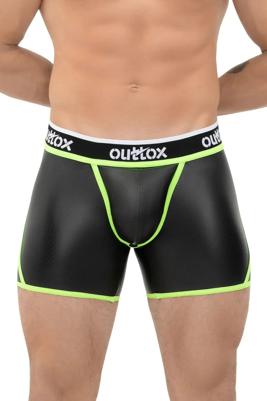 Outtox. Open Rear Shorts with Snap Codpiece. Black and Green - Outtox - XSH107 - Y2 - Maskulo Global (EU) Store