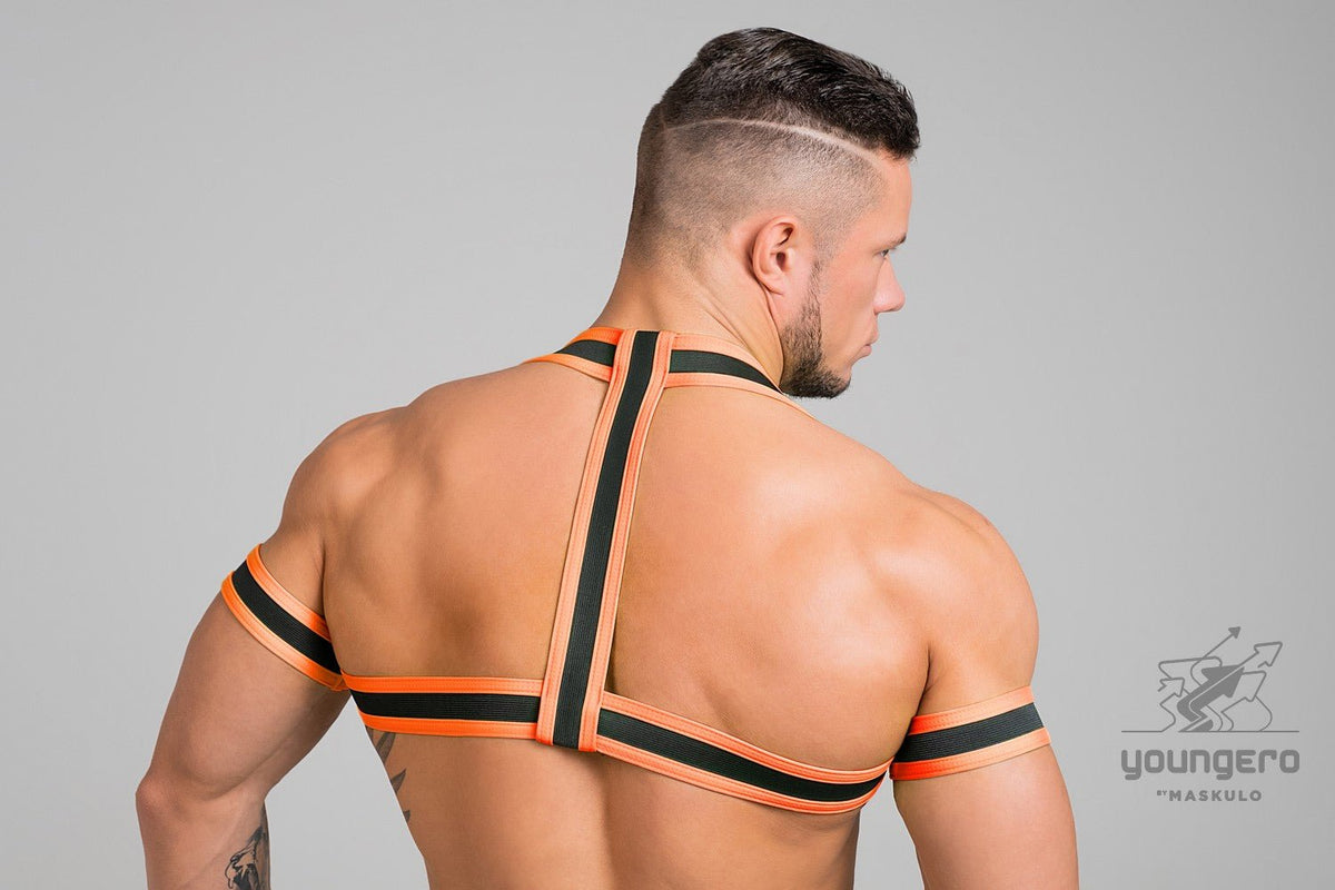 Youngero. Elastic Harness with Biceps Bands. Orange Neon - MHR149-Y1 - Maskulo US NY FL